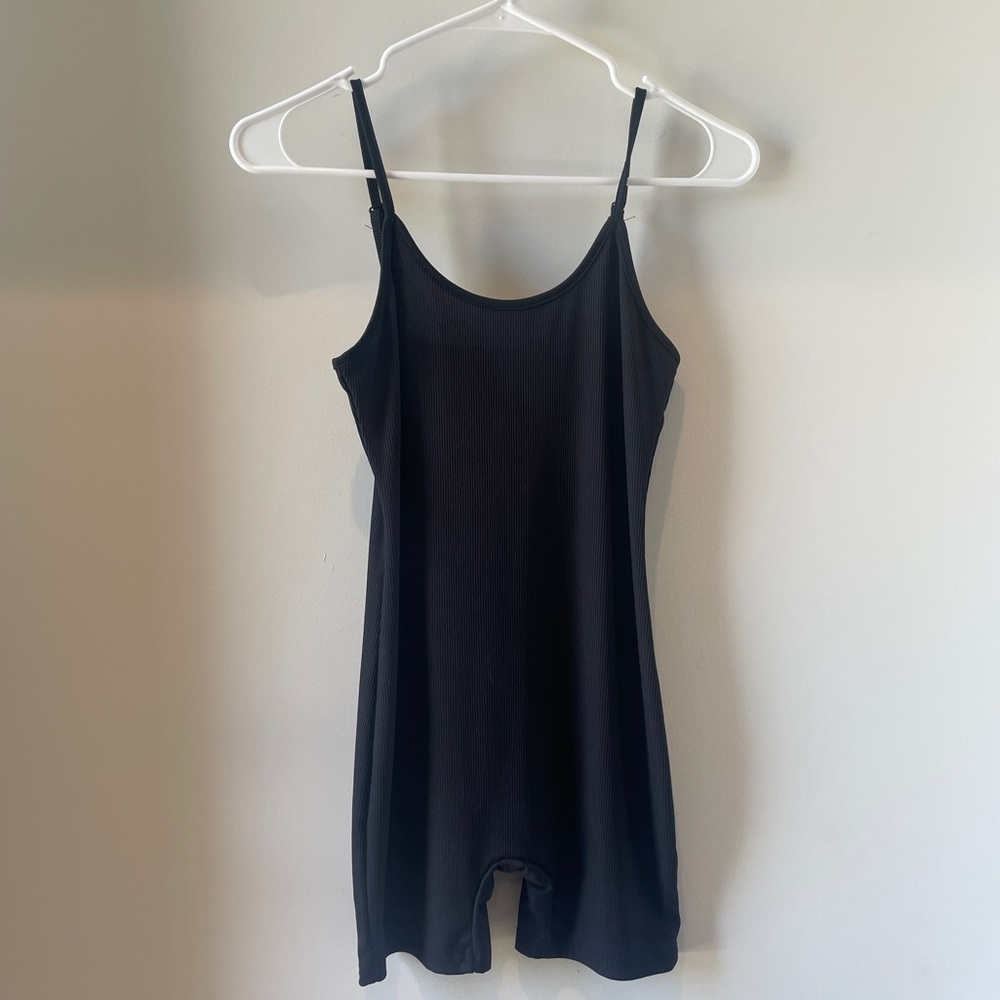 Women’s Small Athletic Bodysuit Shorts Black Ribbed Spaghetti Strap